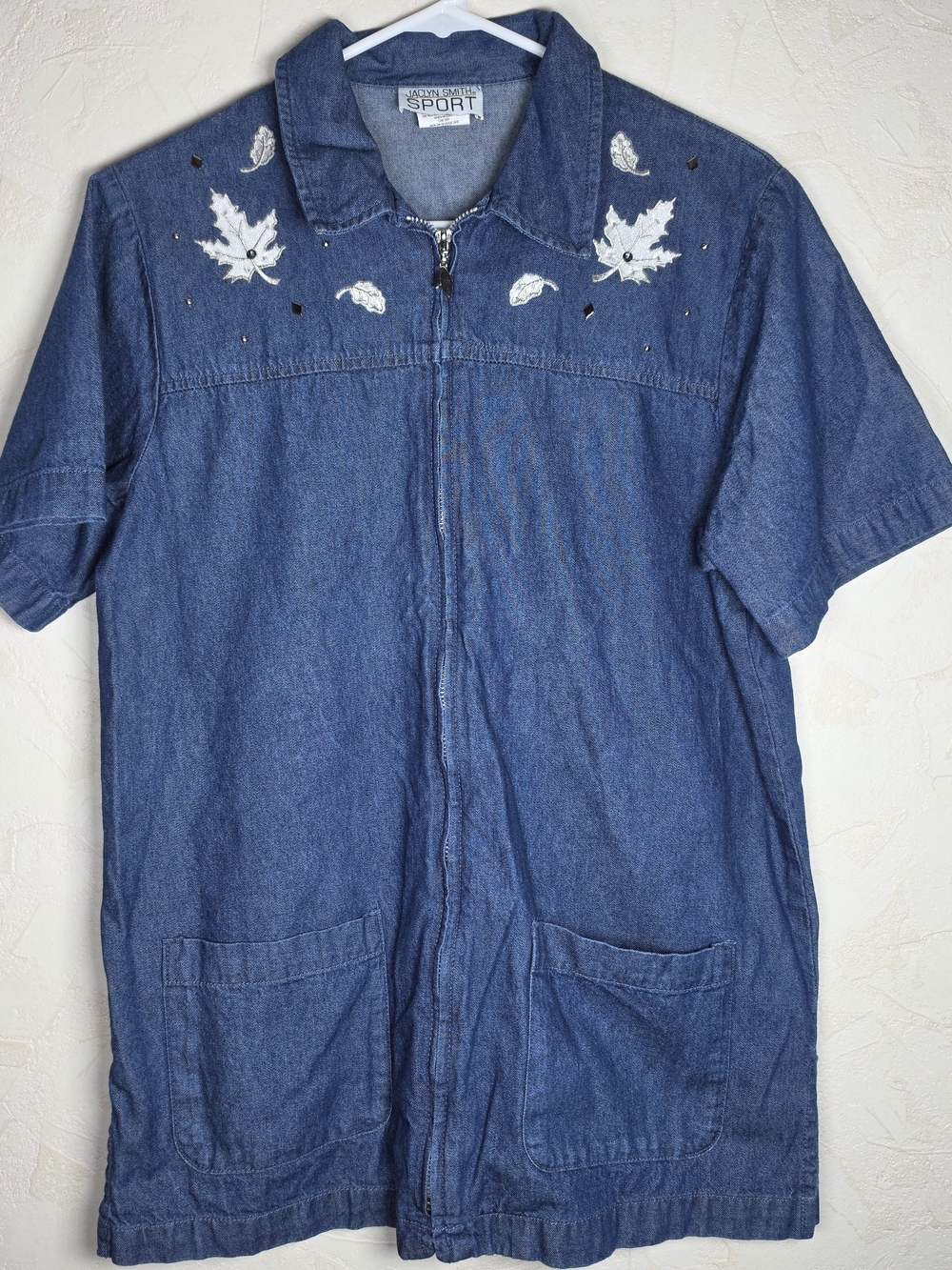 Vtg 90s Denim Full Zip Tunic Jaclyn Smith Pockets Fall Embroidered Womens Small